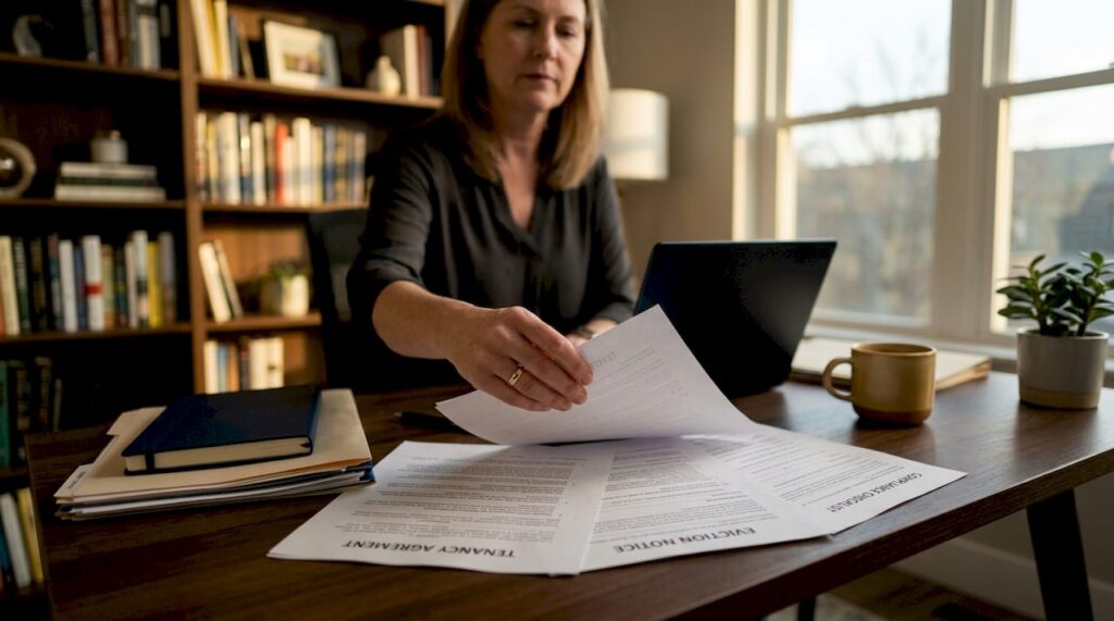 Hands organizing landlord legal documents on desk