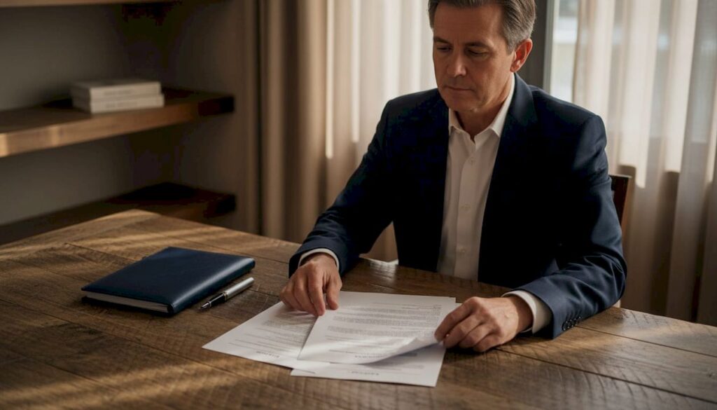 Hands organizing property trust documents at home desk