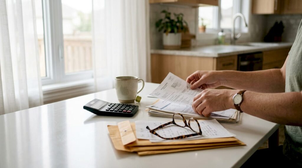 Hands sorting UK inheritance tax documents on desk