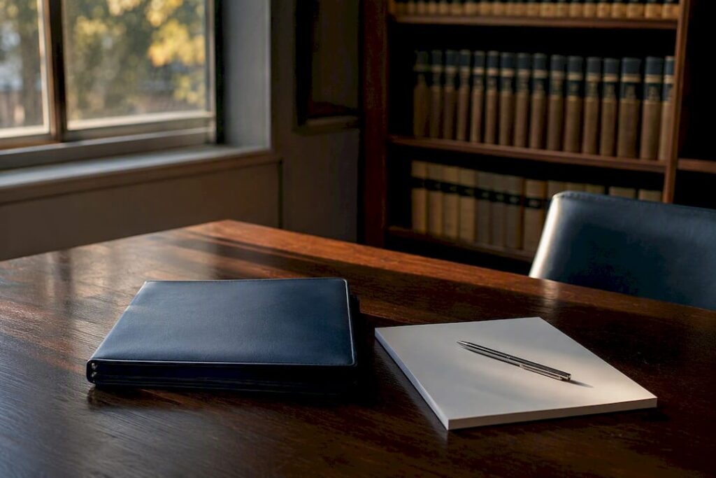 Legal desk with notebook and tablet