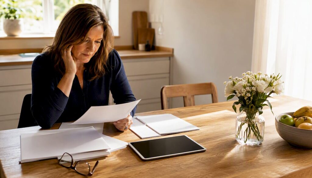 Insurance documents and tablet on desk