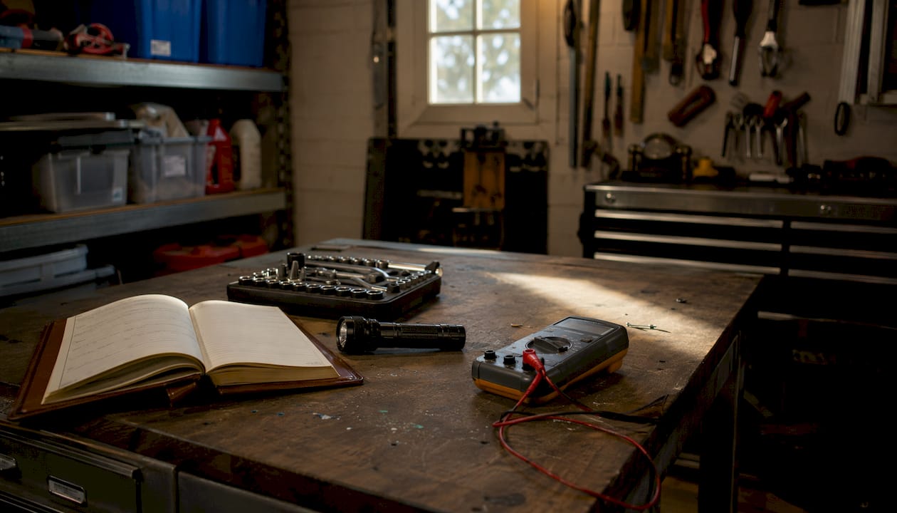 Maintenance tools and logbook on workbench