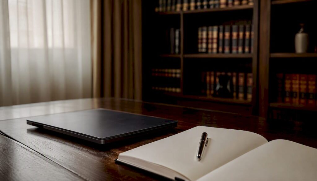 Workspace with laptop and blank notebook