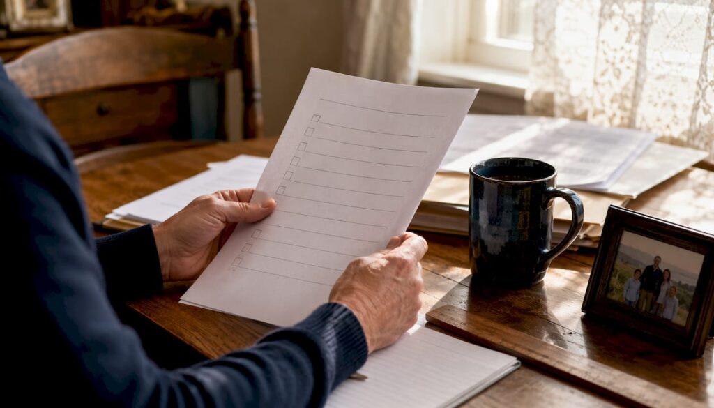 Hands holding property division checklist on desk