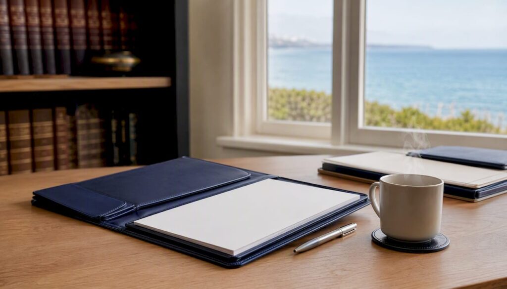 Close-up of solicitor desk with legal folder and pen