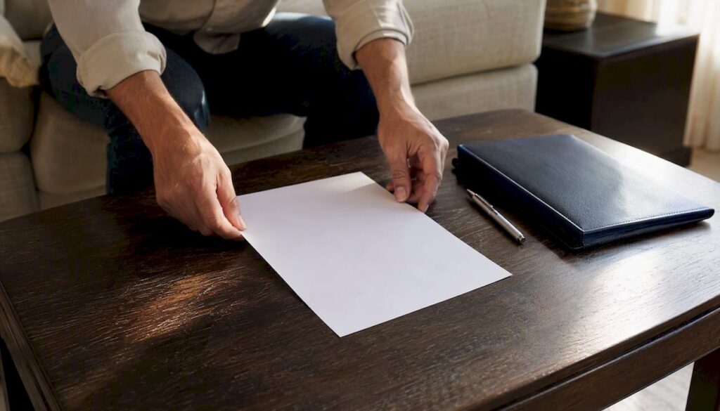 Hands placing a registration form on legal desk