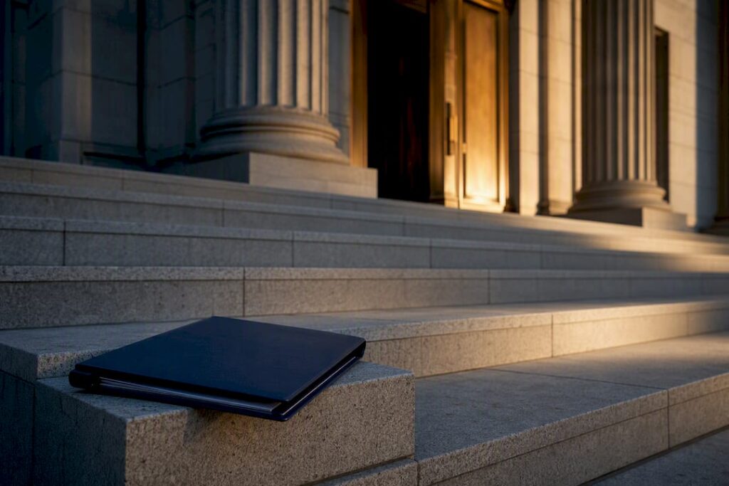 UK family court entrance with legal folder