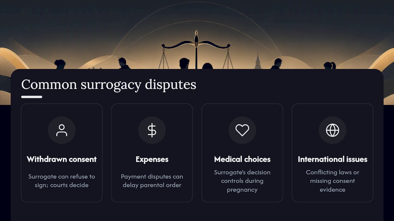 What disputes commonly arise in surrogacy arrangements? — overview diagram