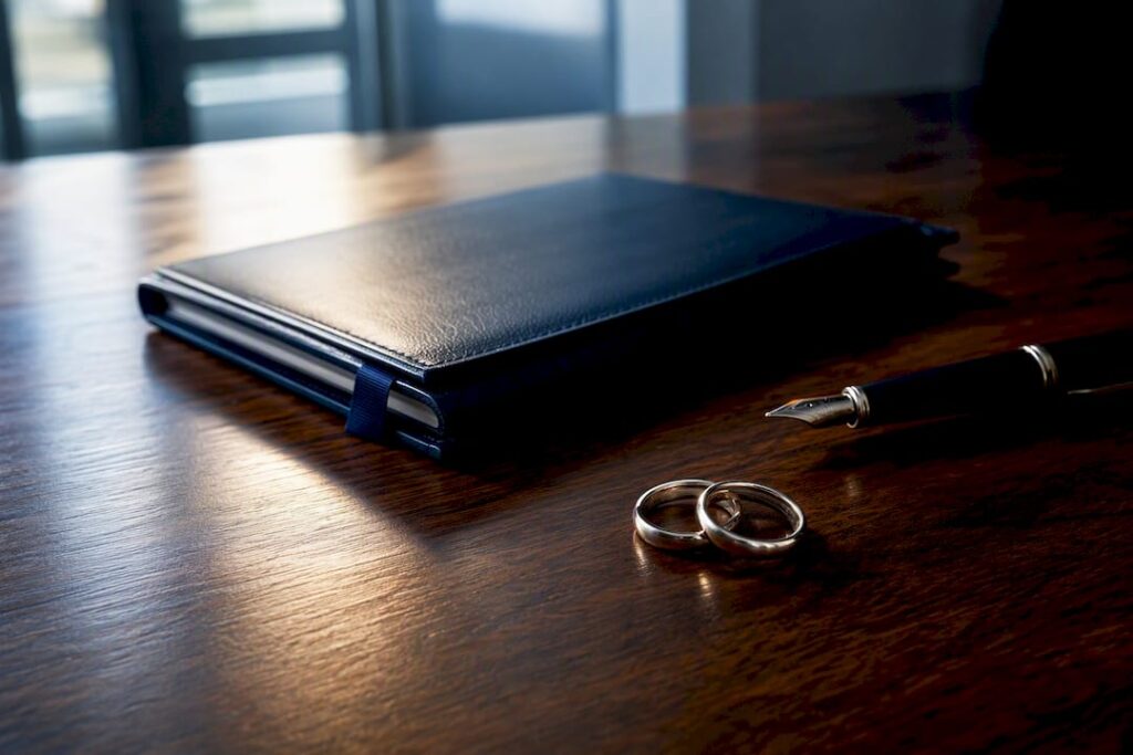 Prenuptial agreement folio beside wedding rings